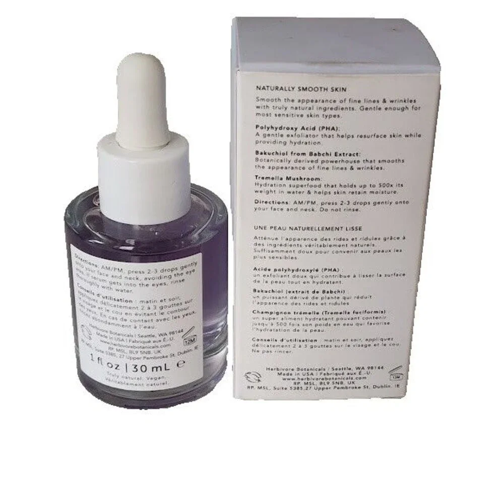 Herbivore Bakuchiol Retinol Alternative Smoothing Serum 1oz Dropper Bottle AM PM
